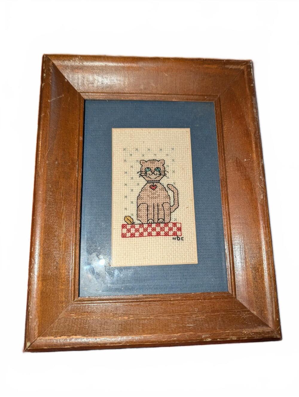 Framed Handmade Cross Stitch Cat Art